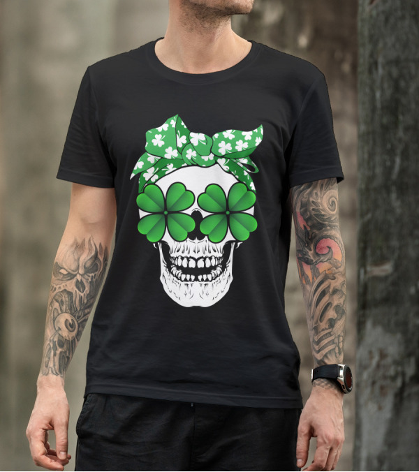 Clover Skull Bandana With Shamrock Glasses T-Shirt