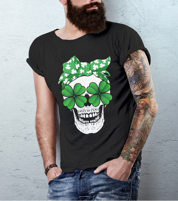 Clover Skull Bandana With Shamrock Glasses T-Shirt