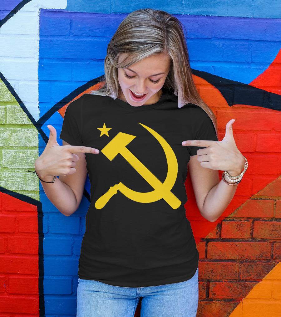 Communism Hammer Sickle Flag Symbol Yellow Soviet Emblem T-Shirt