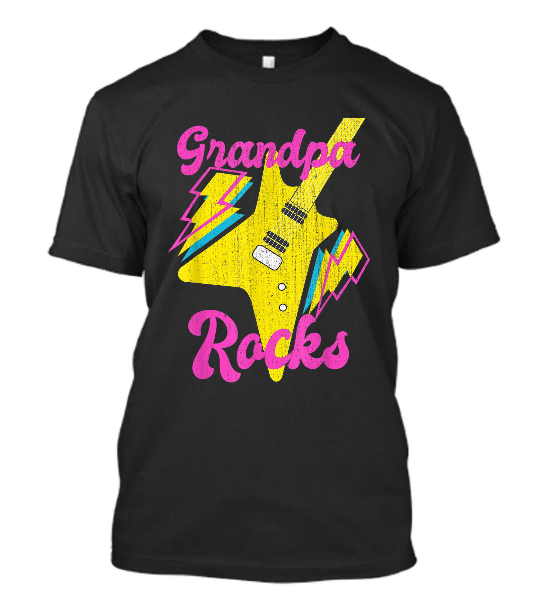Grandpa Rocks Yellow Electric Guitar With Lightning Bolts T-Shirt