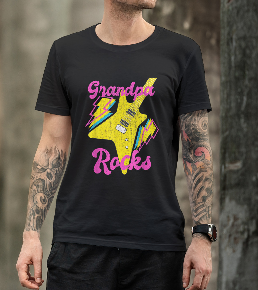 Grandpa Rocks Yellow Electric Guitar With Lightning Bolts T-Shirt