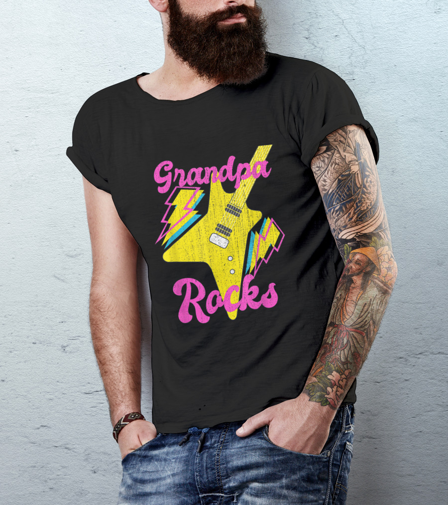 Grandpa Rocks Yellow Electric Guitar With Lightning Bolts T-Shirt