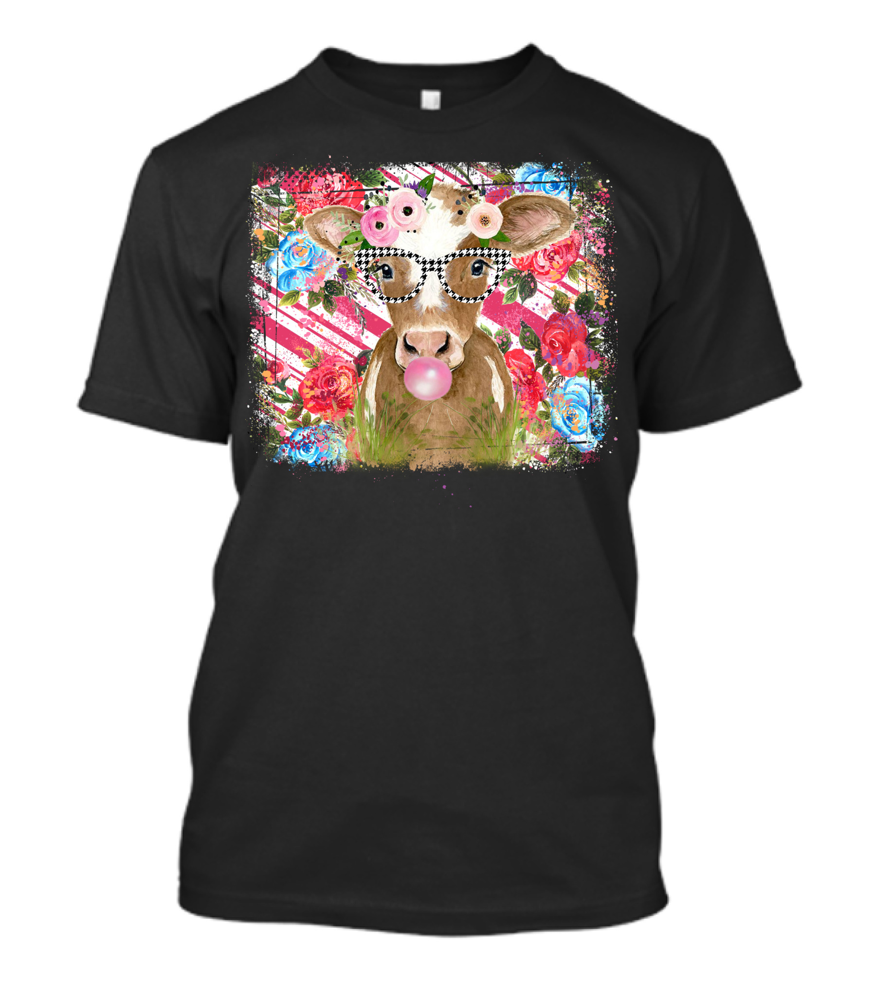 Cow With Glasses Bubblegum Floral Background T-Shirt