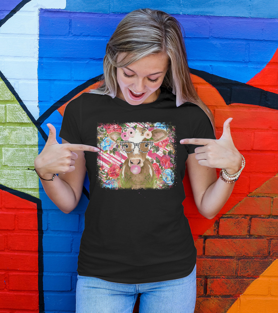 Cow With Glasses Bubblegum Floral Background T-Shirt