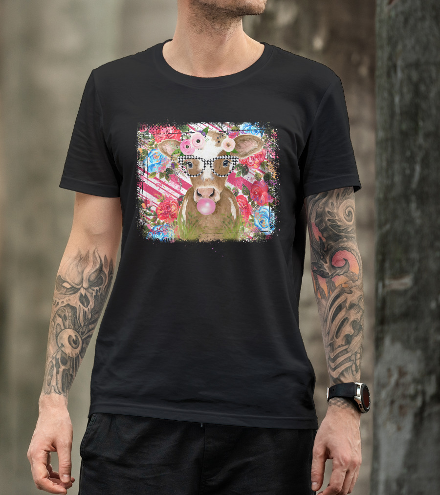 Cow With Glasses Bubblegum Floral Background T-Shirt