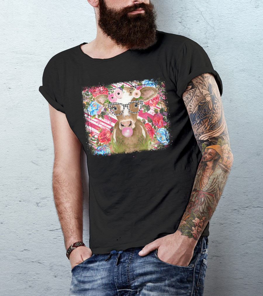 Cow With Glasses Bubblegum Floral Background T-Shirt