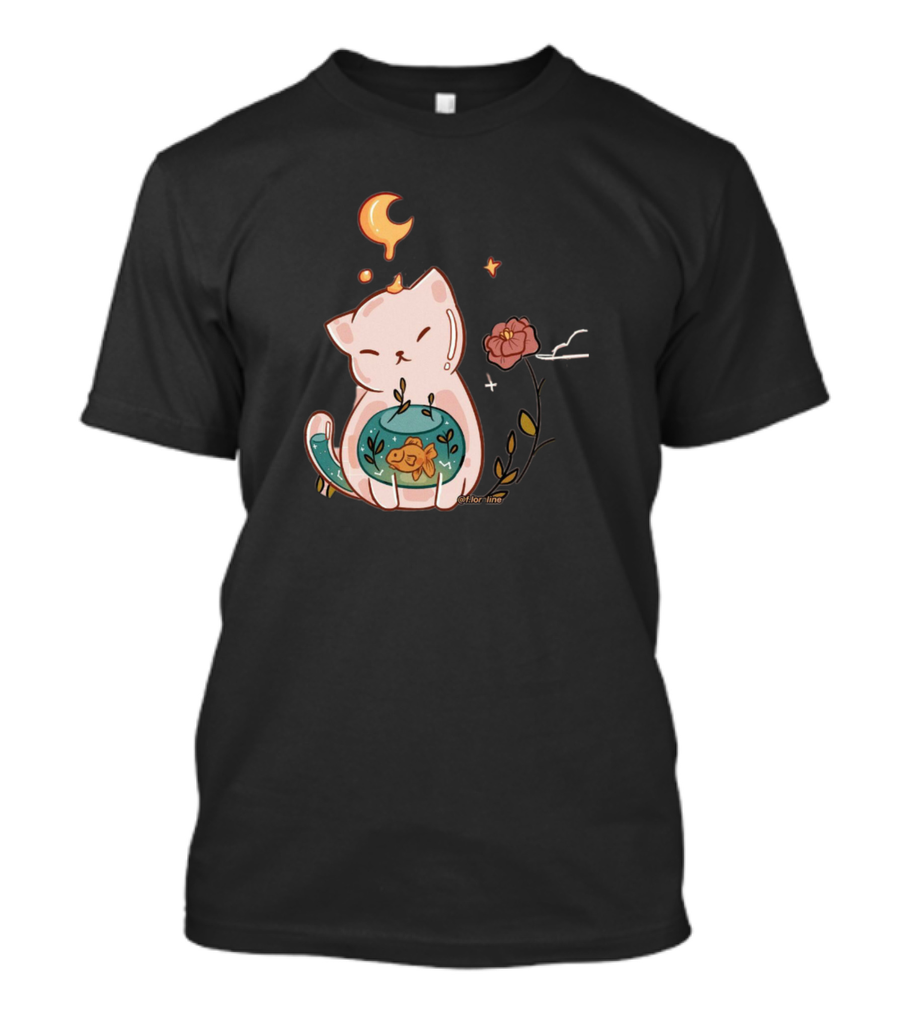 Cute Cat With Fishbowl And Night Sky Elements For Cat Lover T-Shirt