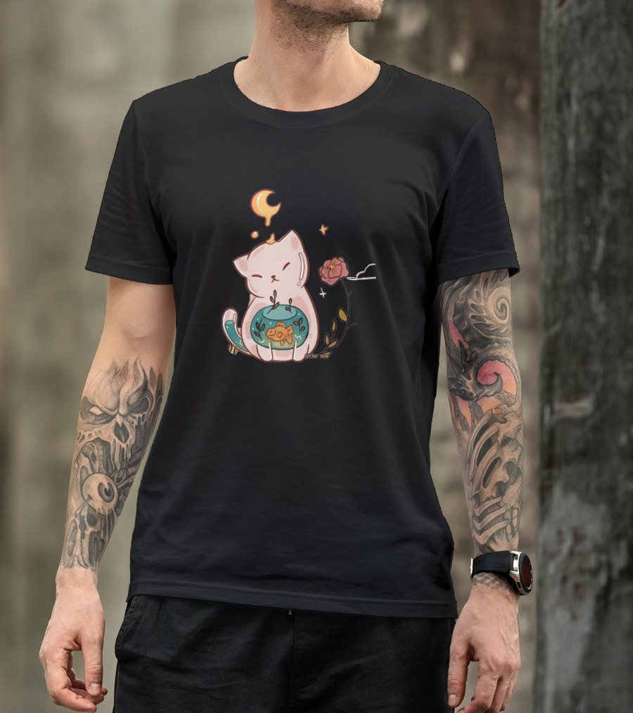 Cute Cat With Fishbowl And Night Sky Elements For Cat Lover T-Shirt
