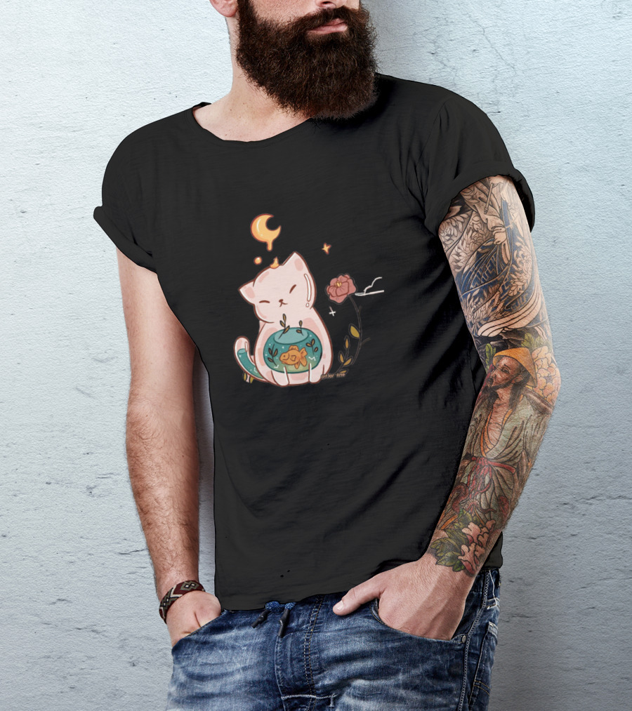 Cute Cat With Fishbowl And Night Sky Elements For Cat Lover T-Shirt