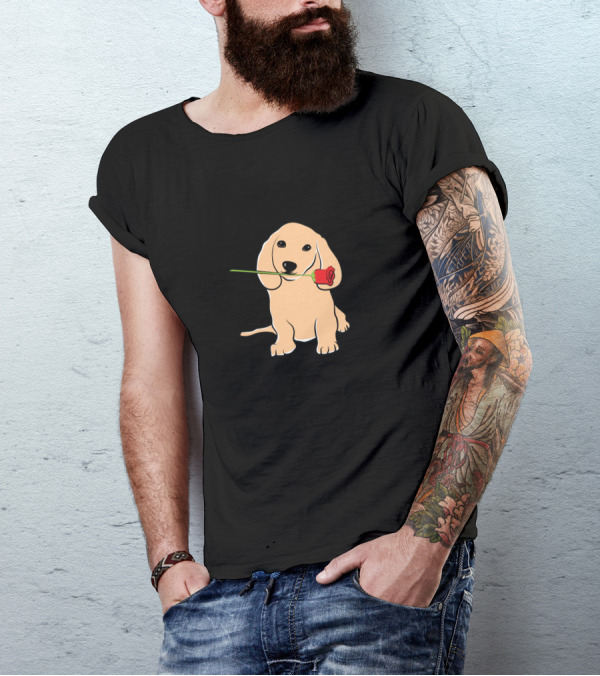 Cute Puppy Holding Red Rose In Mouth T-Shirt