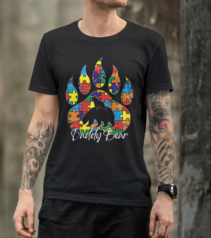 Daddy Bear Autism Awareness Puzzle Paw Prints T-Shirt