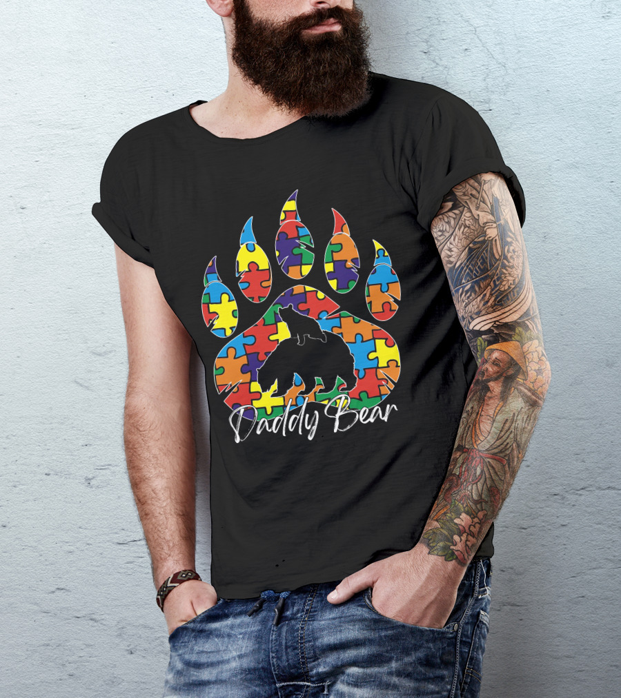 Daddy Bear Autism Awareness Puzzle Paw Prints T-Shirt
