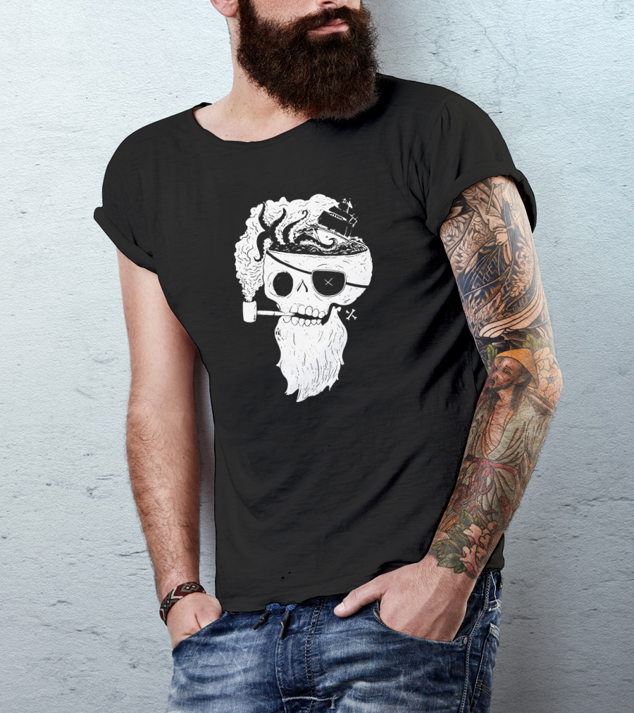 Dead Beard Pirate Skull With Pipe And Ship On Brain T-Shirt