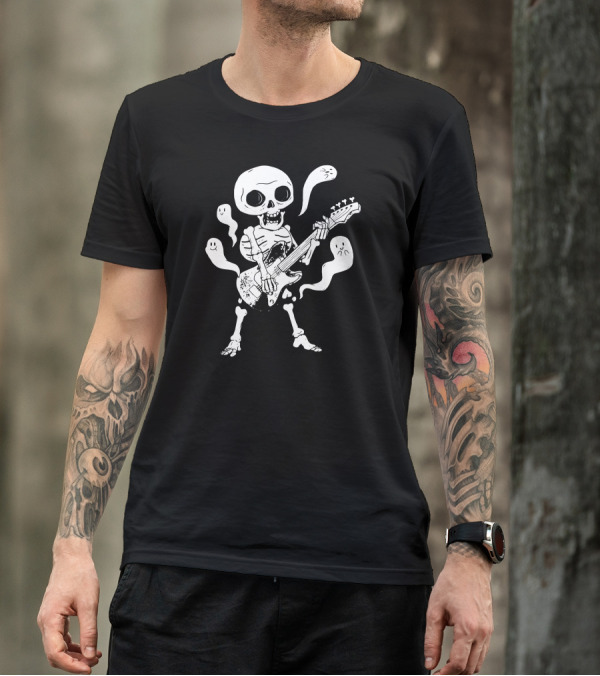Dead Rock Skeleton Guitar Player With Ghosts T-Shirt