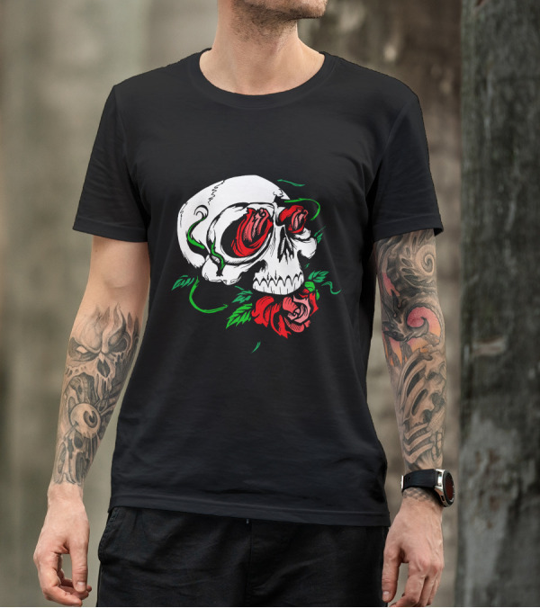 Epic Metal Rock Symphonic Skull With Red Roses T-Shirt