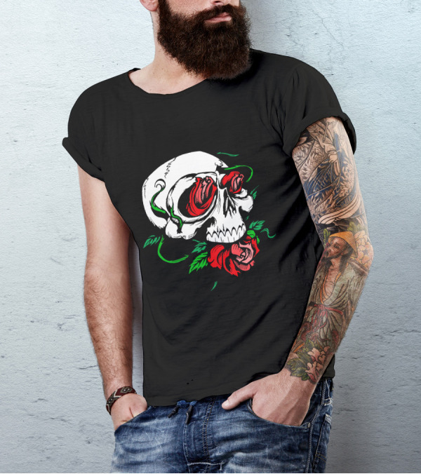 Epic Metal Rock Symphonic Skull With Red Roses T-Shirt