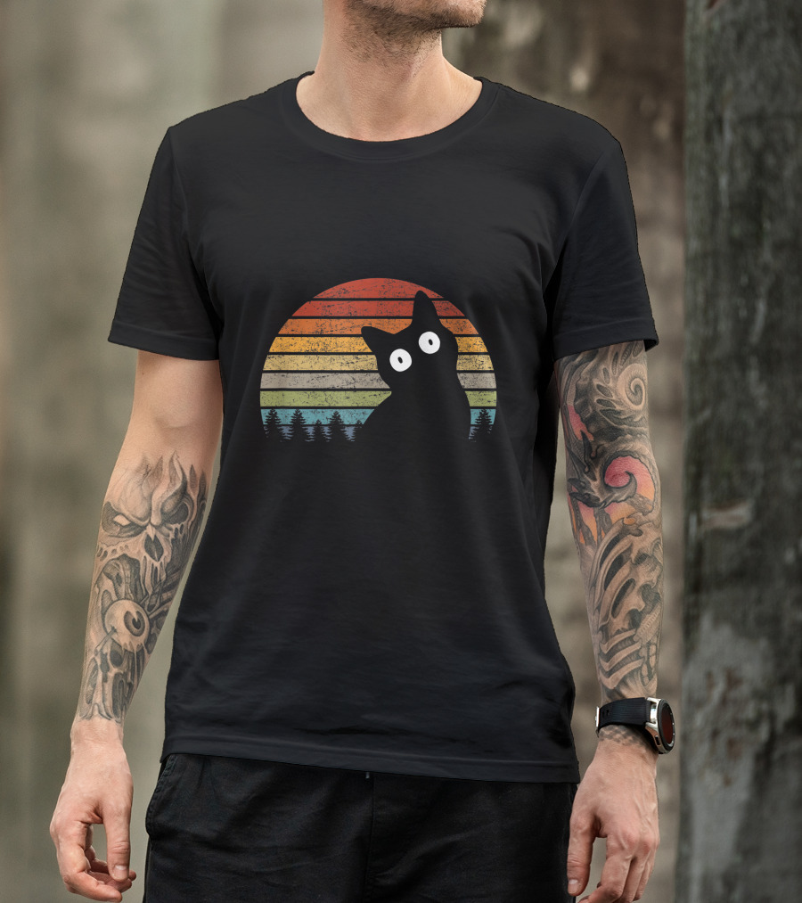Funny Black Cat Retro Sunset Forest Scene T-Shirt