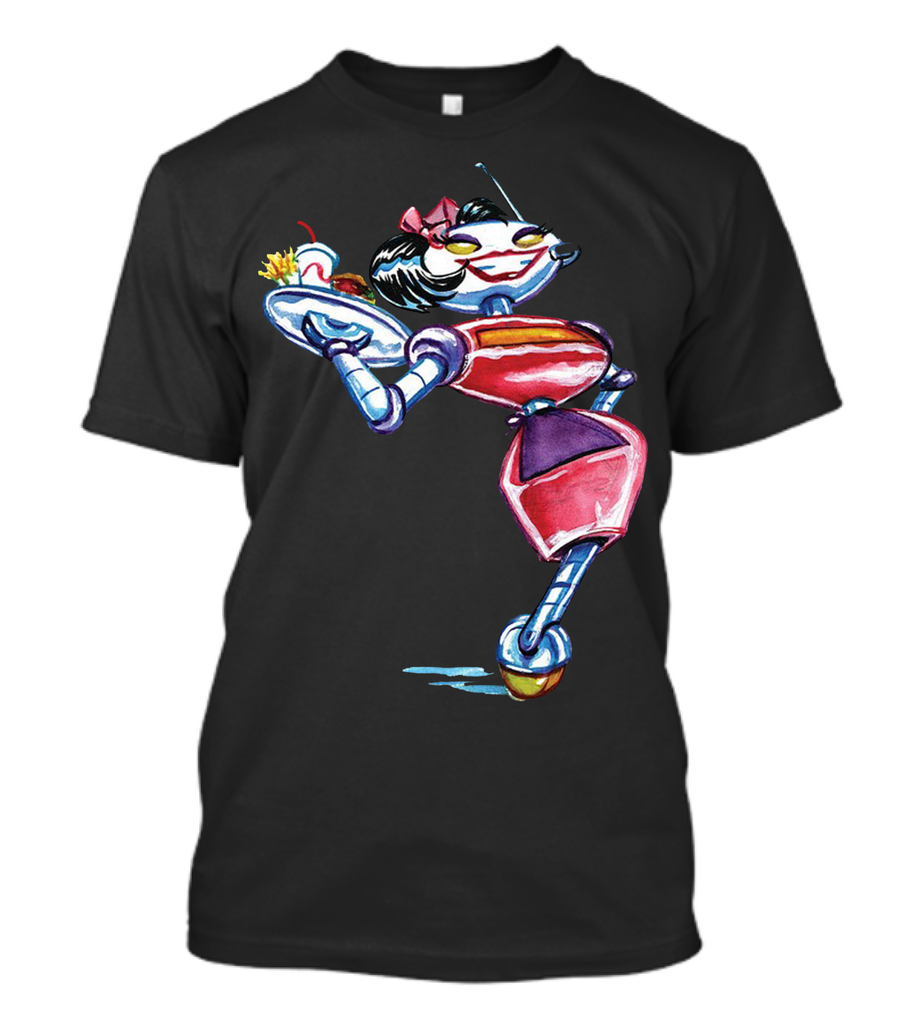 Retro Futuristic Robot Waitress Cartoon With Tray T-Shirt