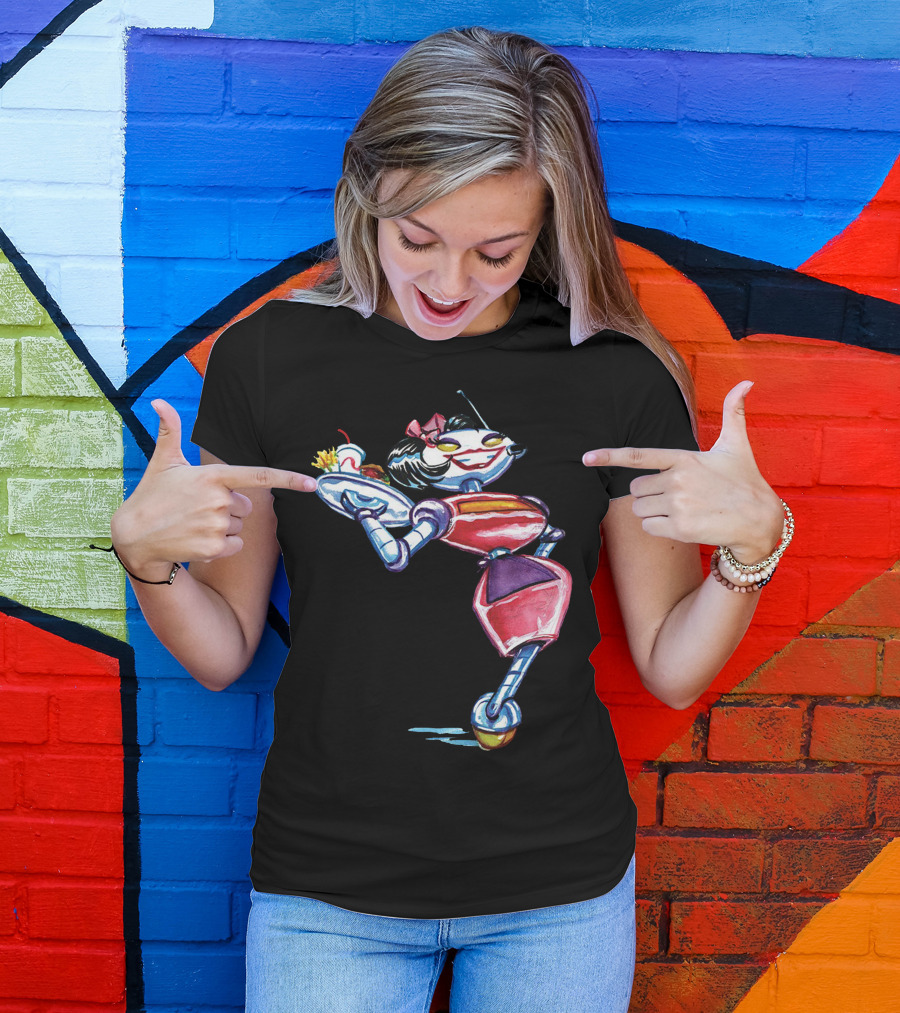 Retro Futuristic Robot Waitress Cartoon With Tray T-Shirt