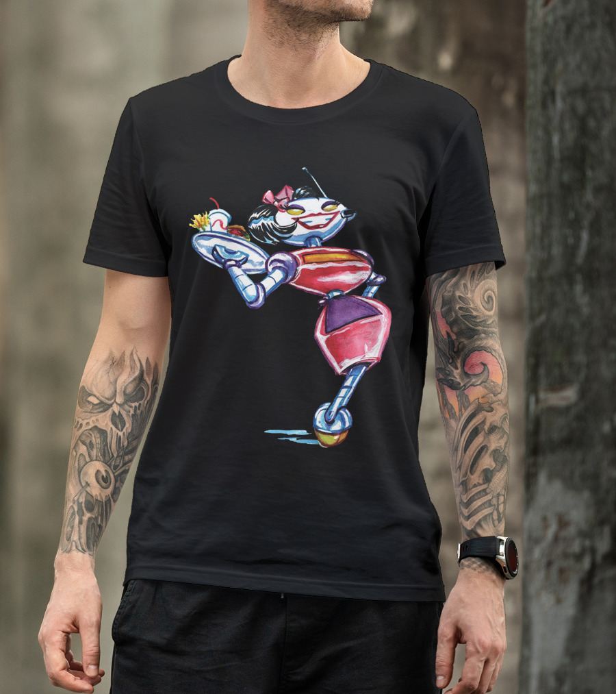 Retro Futuristic Robot Waitress Cartoon With Tray T-Shirt