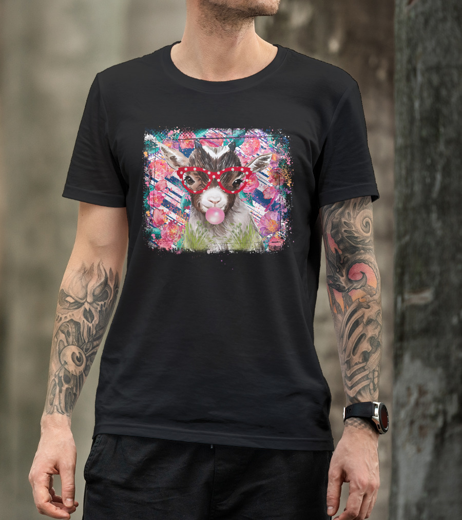 Colorful Floral Goat With Red Glasses And Bubblegum T-Shirt