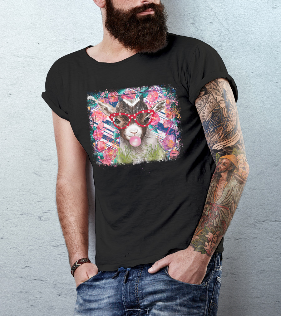 Colorful Floral Goat With Red Glasses And Bubblegum T-Shirt
