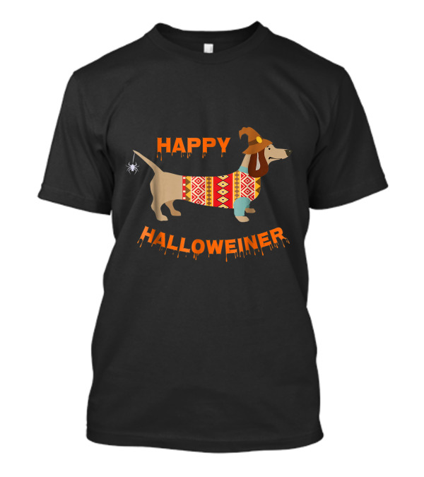 Happy Halloweiner Dachshund Wearing Witch Hat And Patterned Sweater With Spider T-Shirt