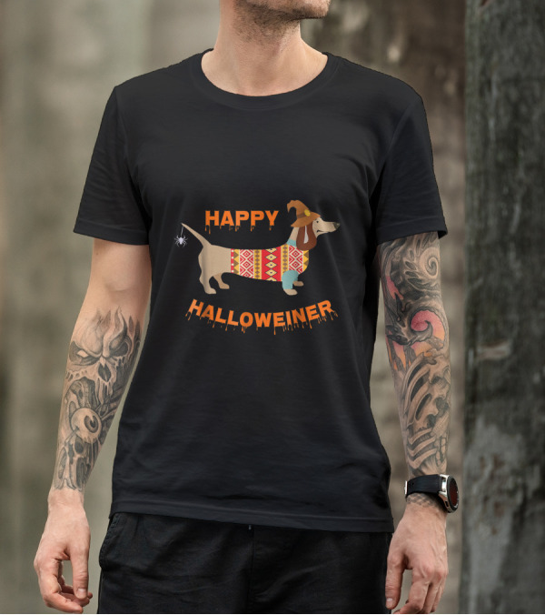 Happy Halloweiner Dachshund Wearing Witch Hat And Patterned Sweater With Spider T-Shirt