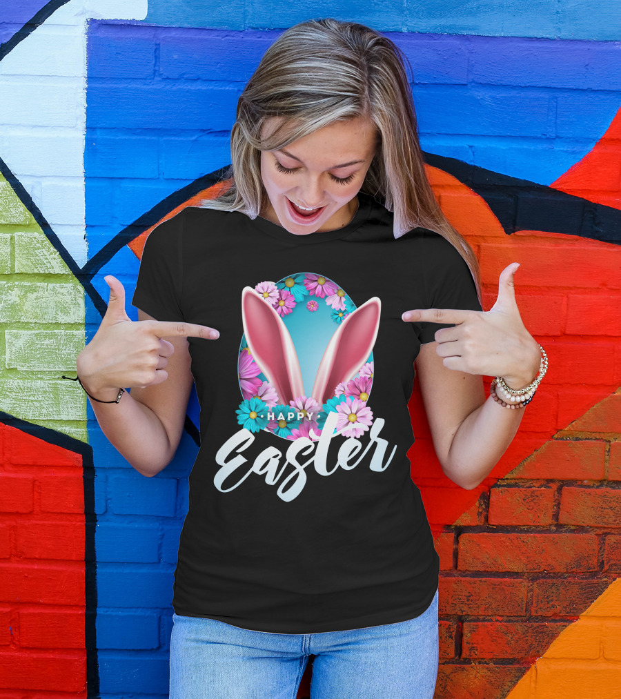 Happy Easter Bunny Ears And Flowers Egg T-Shirt