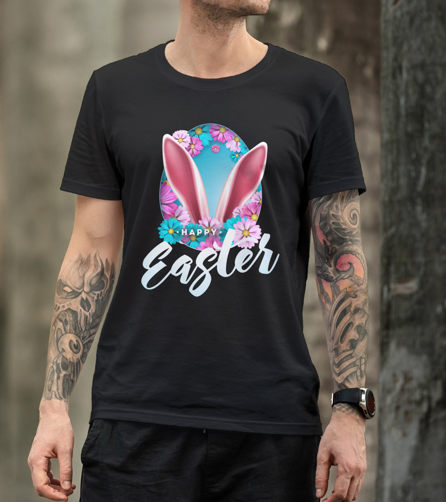 Happy Easter Bunny Ears And Flowers Egg T-Shirt