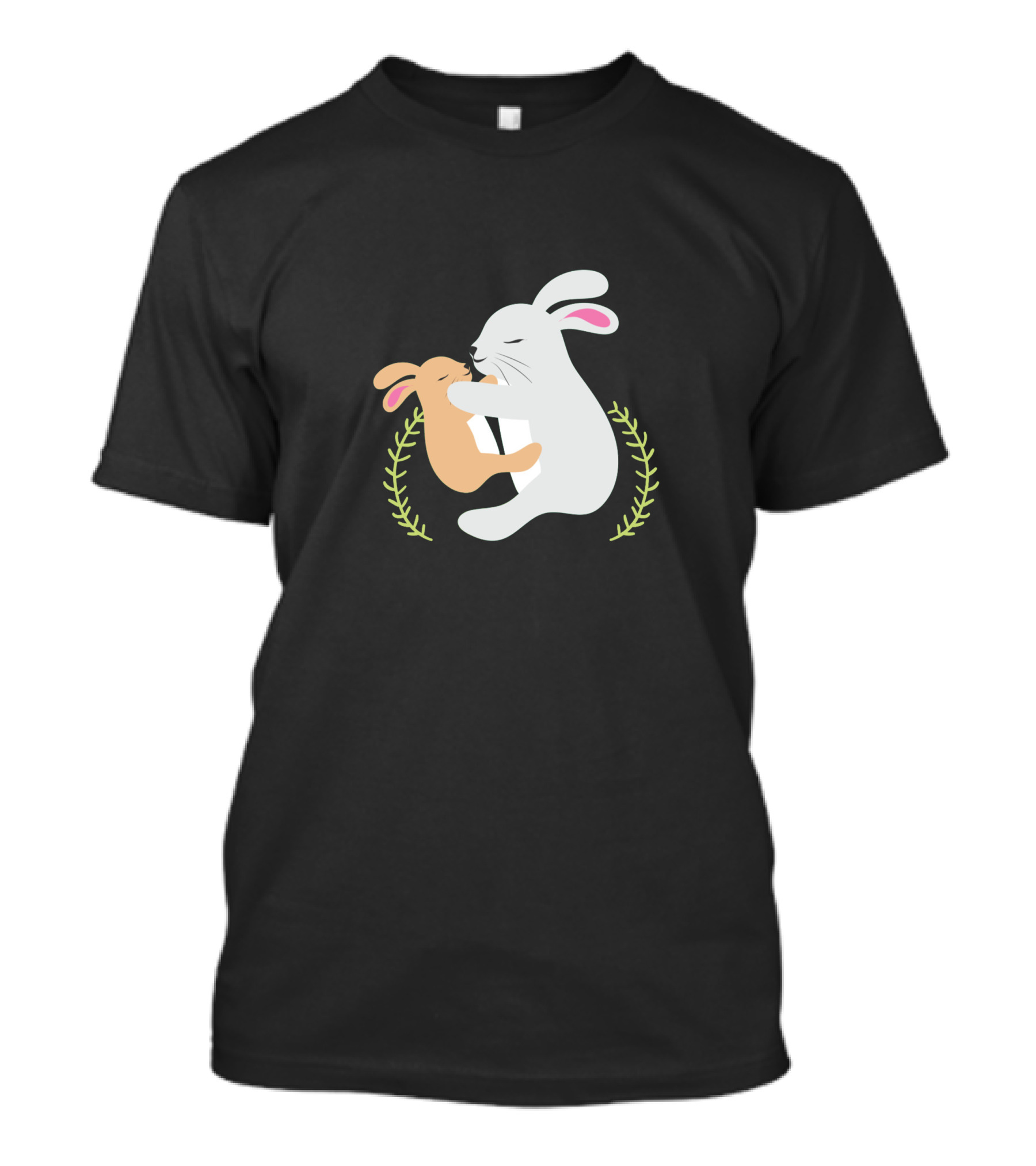 Happy Easter Mother And Child Rabbits Embracing Laurel Greenery T-Shirt