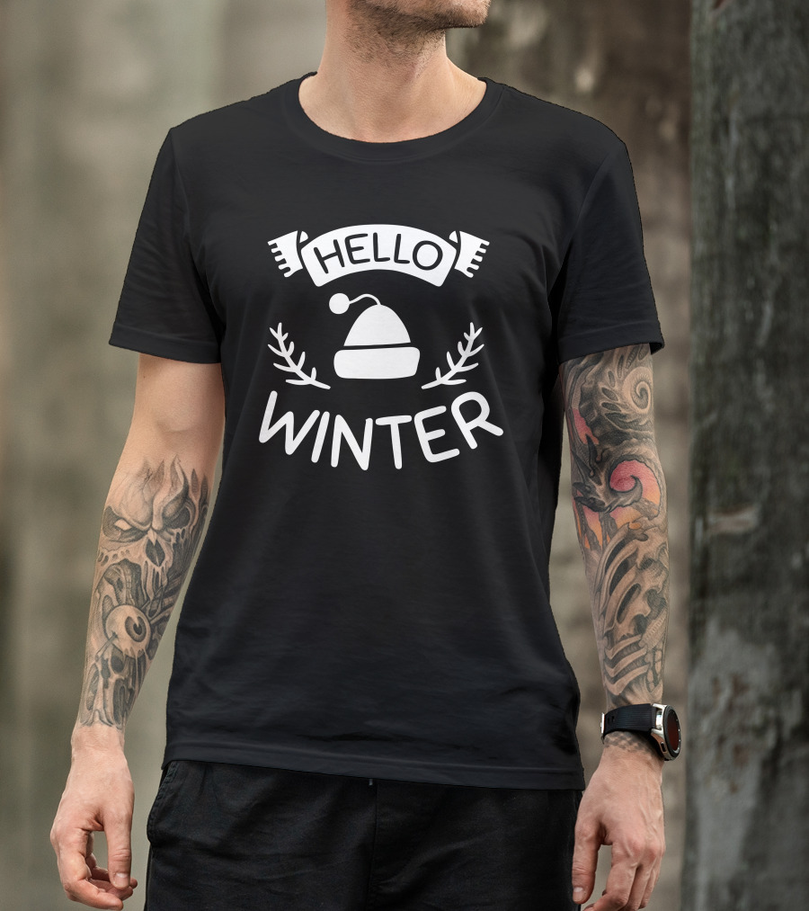 Hello Winter Hat And Scarf With Foliage T-Shirt