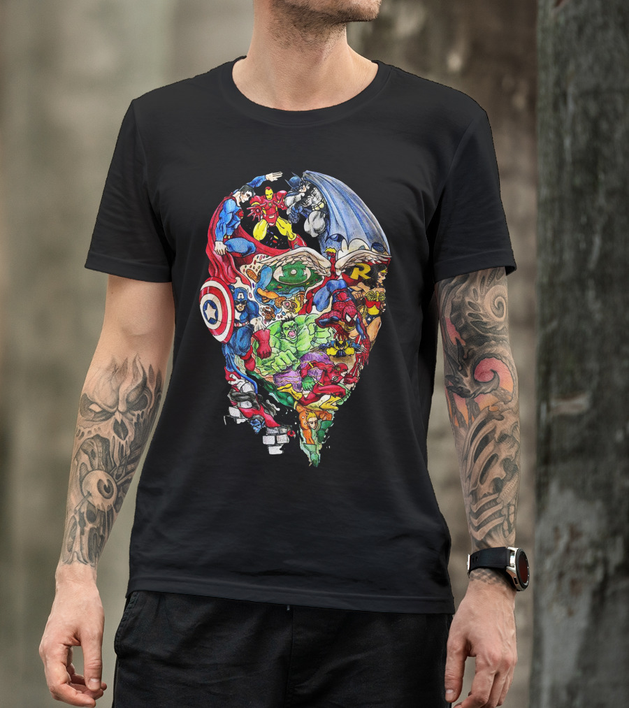 Heroic Mind Superhero Collage Featuring Iconic Marvel And DC Characters T-Shirt