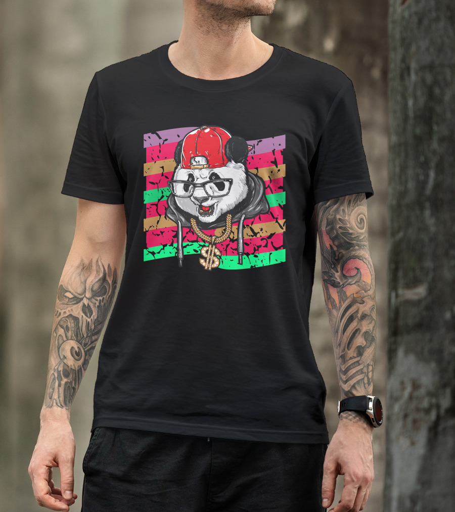 Panda With Red Cap And Bling Dollar Sign Necklace In Hiphop Music T-Shirt