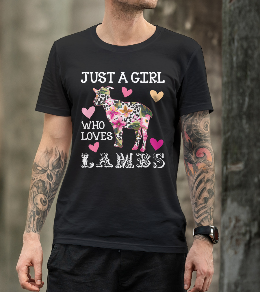 Just A Girl Who Loves Lambs Flower Pattern Hearts Dark T-Shirt