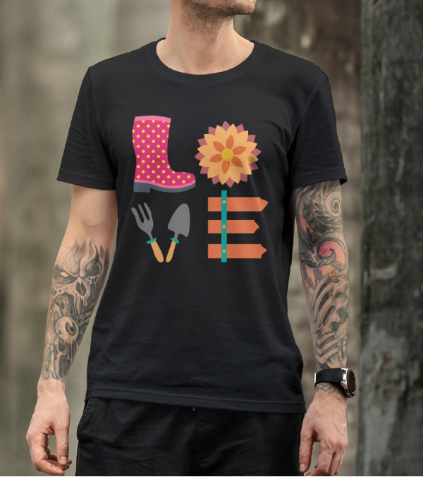 Love Farmer Polka Dot Boot Flower Garden Tools Icons T-Shirt