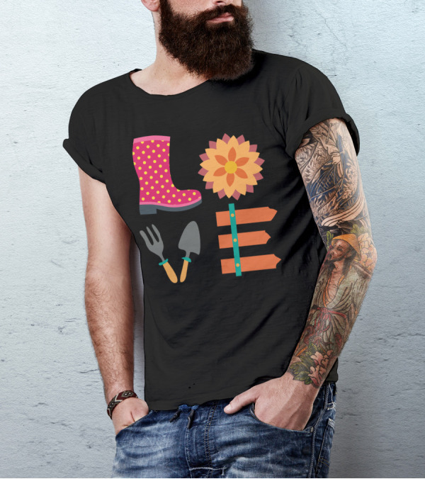 Love Farmer Polka Dot Boot Flower Garden Tools Icons T-Shirt