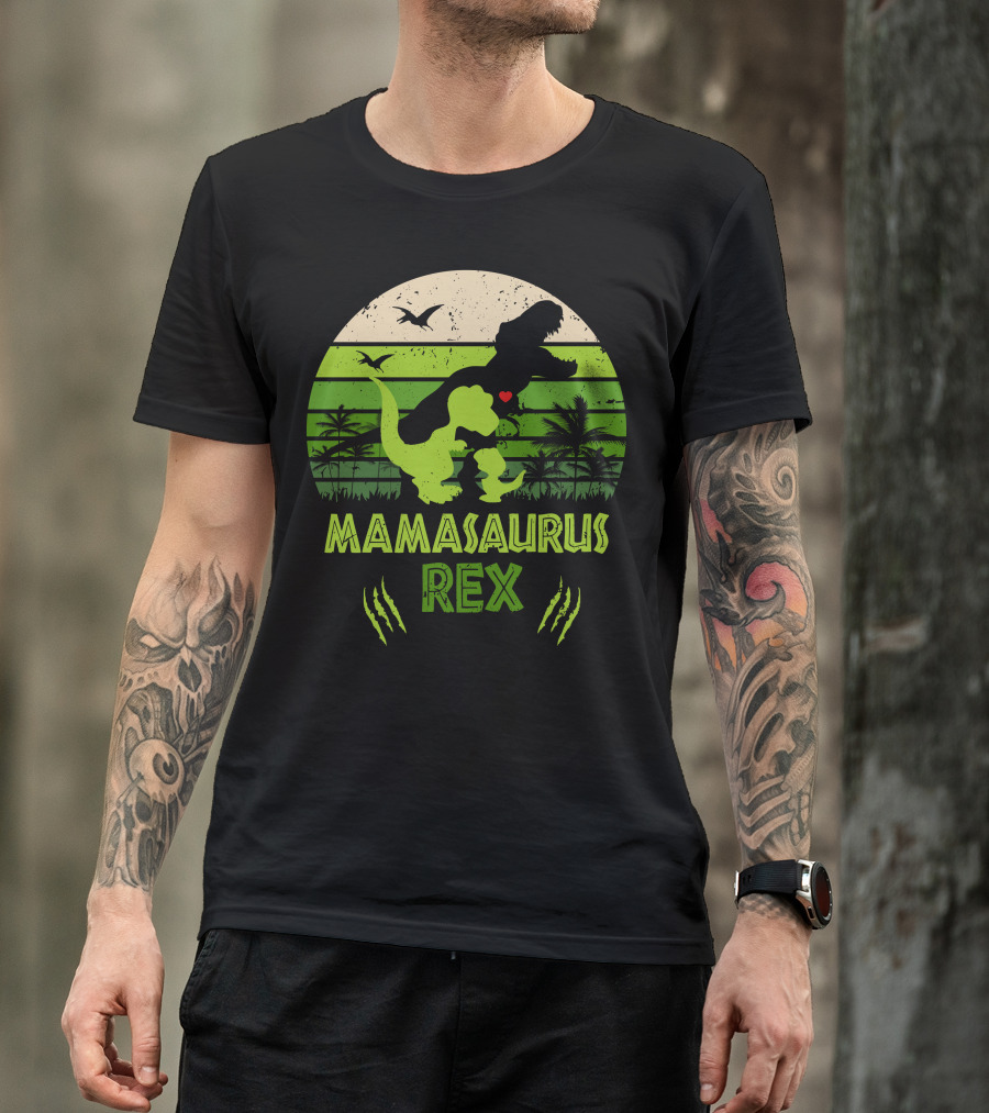 Mama Saurus Rex Dinosaur Silhouette With Heart And Palm Trees In Green Sunset Circle T-Shirt