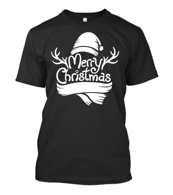 Merry Christmas Antlers Hat Scarf Text T-Shirt