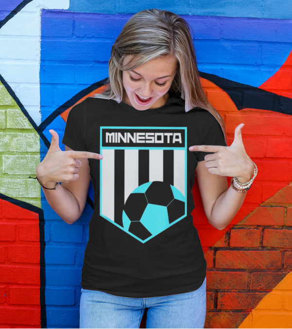 Minnesota Soccer Black And Blue Shield With Soccer Ball And Stripes T-Shirt