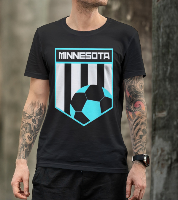 Minnesota Soccer Black And Blue Shield With Soccer Ball And Stripes T-Shirt