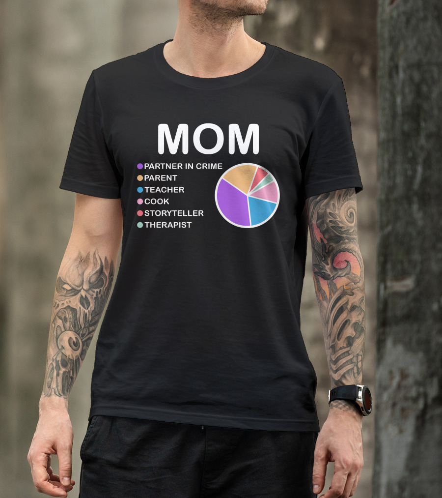 MOM Partner In Crime Parent Teacher Cook Storyteller Therapist Pie Chart T-Shirt