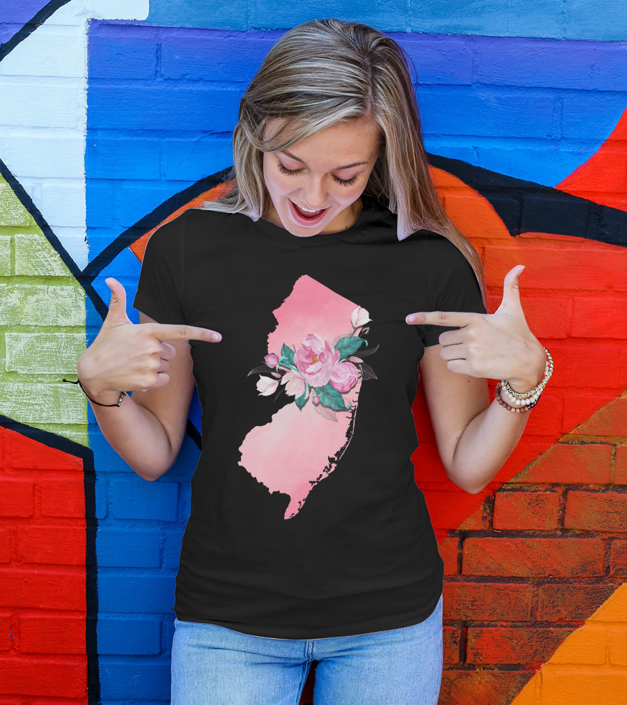 New Jersey State Watercolor Pink Floral Blooms T-Shirt