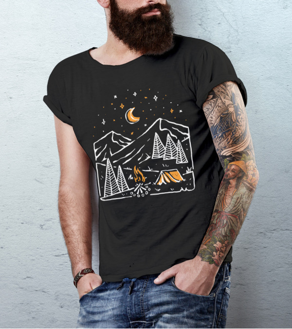 Night Relax Camping Under Stars And Moon Mountain Scene T-Shirt