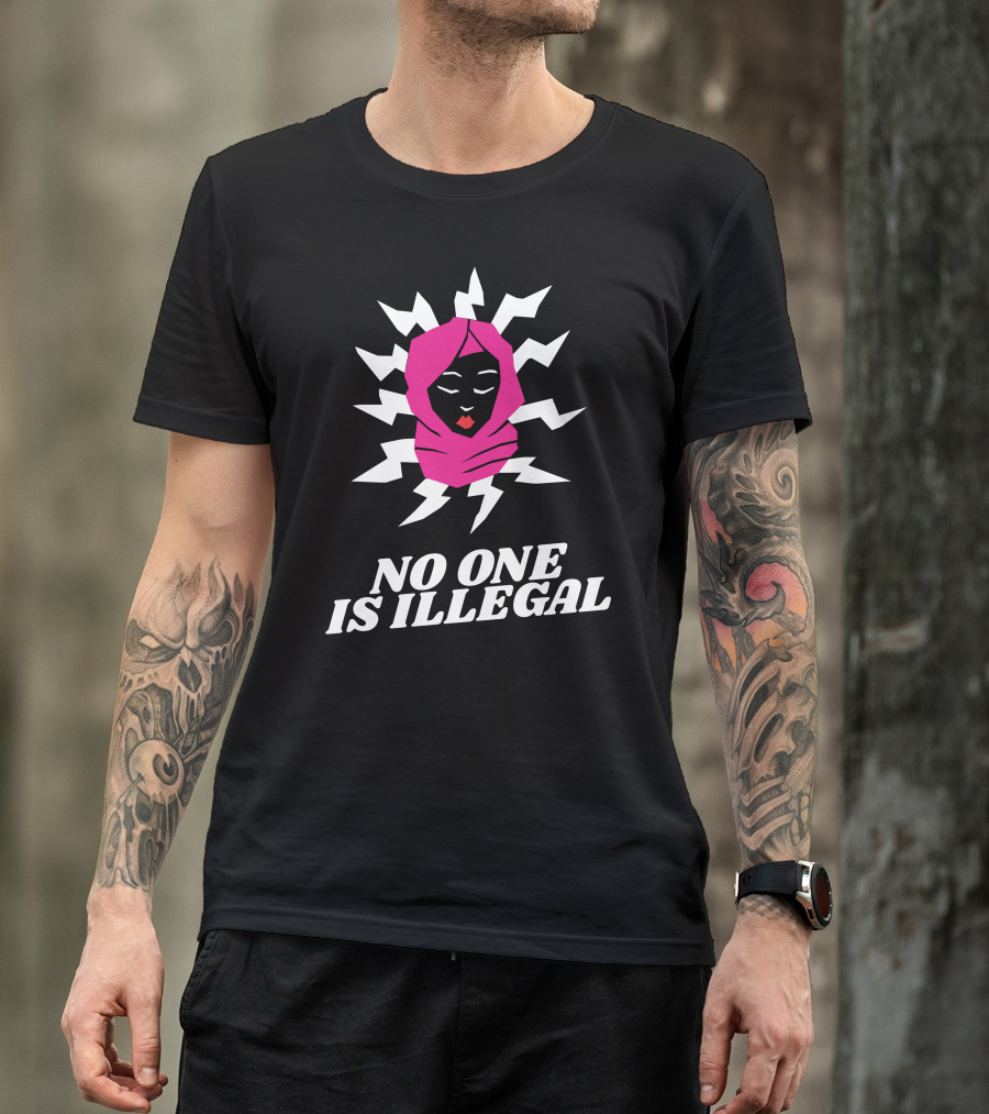 No One Is Illegal Pink Hijab And Lightning Bolts T-Shirt