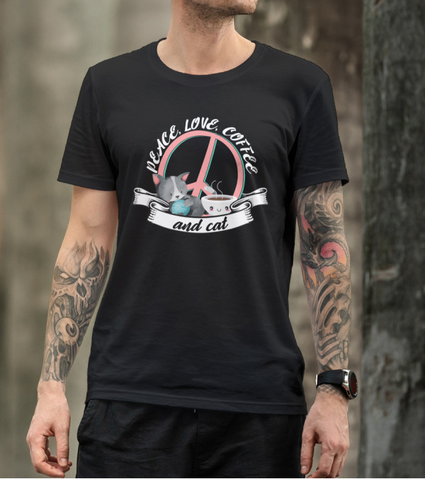 Peace Love Coffee And Cat With Peace Sign And Cat Holding Yarn And Coffee Cup T-Shirt