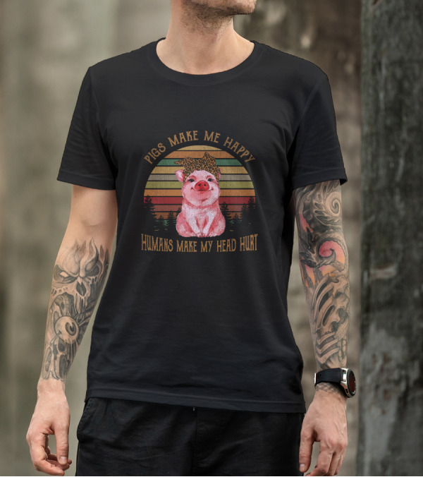 Pigs Make Me Happy Humans Make My Head Hurt Vintage Sunset Pig With Leopard Print Bow T-Shirt