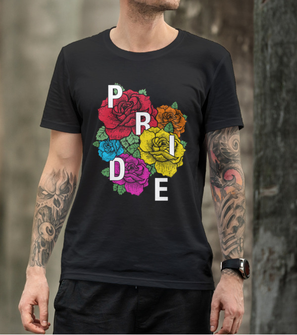 Pride Month Transgender Rainbow Roses Bold Lettering T-Shirt