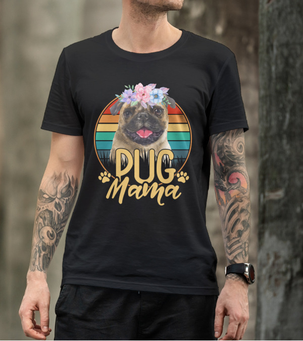 Pug Mama With Floral Crown And Retro Stripes T-Shirt