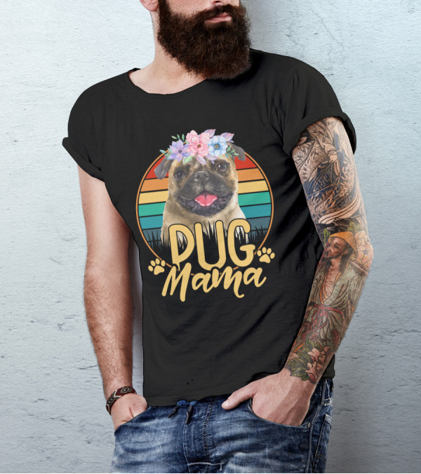 Pug Mama With Floral Crown And Retro Stripes T-Shirt